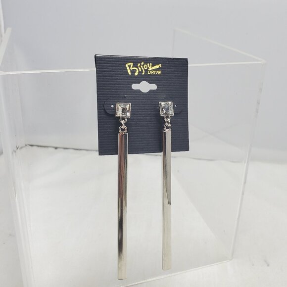 Bijou rhinestone with silver-tone dangling bar pierced earring - Picture 1 of 6